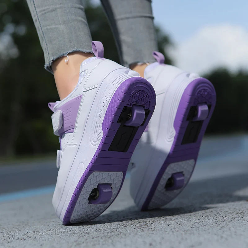 Autumn 2025 Kids Walking Shoes Detachable Double Wheel Roller Skates Boy Leather Student Shoe Four Wheeled Children Shoes Girl