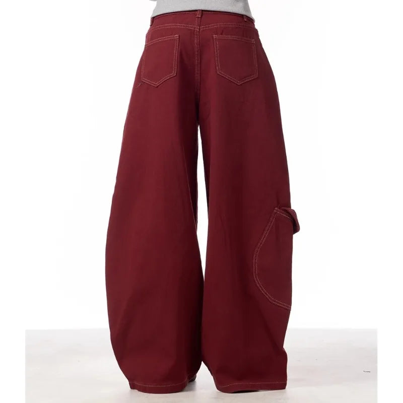 Calça Cargo Jeans Casual Vermelha Feminina Calça de Trabalho Folgada Reta Perna Larga Calça Coreana Primavera Estilo Preguiçoso Confortável Chique