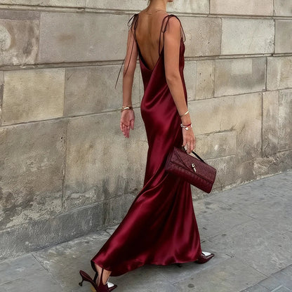 Original Women's Satin Champagne Dress Sleeveless Sexy Backless Evening Dresses Guest Elegant Bridesmaid Long Evening Gown