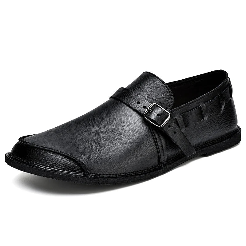 Sapatos Masculinos de Couro com Bico Largo e Sem Cadarço, Flats Casuais Minimalistas Antiderrapantes Primavera Verão Outono