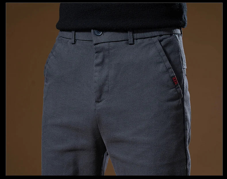 Korean Business Casual Fleece Men Pants Winter Thickened Straight Thermal Casual Pants Male Fashion Stretch Warm Velvet Trousers
