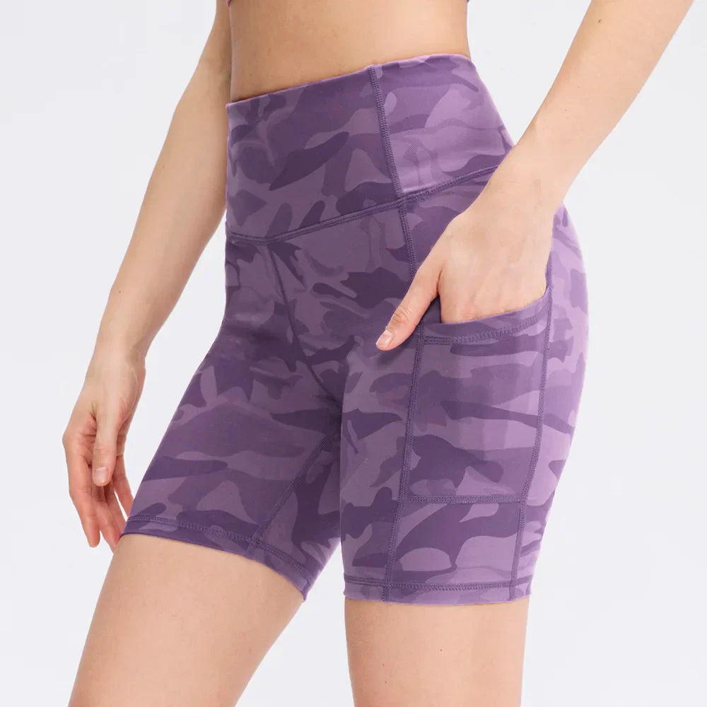 Women's printed nude yoga shorts with pockets skin-friendly tight stretch quick-drying sports fitness hiking running shorts