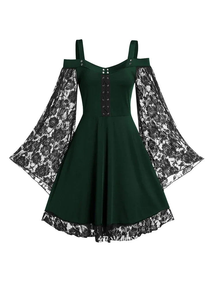 One-shoulder Lace Stitching Flared Sleeve Dress Literary Vintage Autumn Grunge Black A-line Dress Punk Partywear