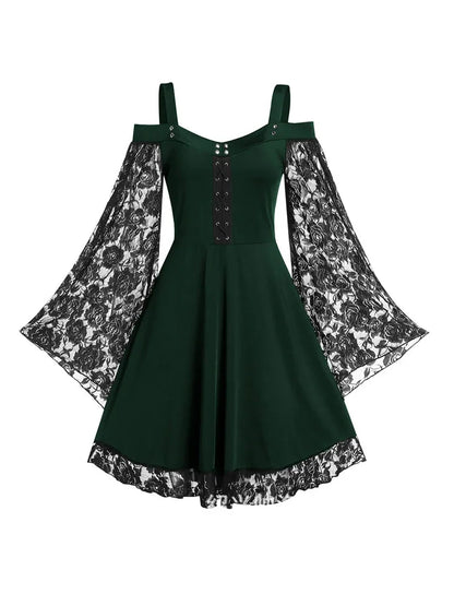 One-shoulder Lace Stitching Flared Sleeve Dress Literary Vintage Autumn Grunge Black A-line Dress Punk Partywear