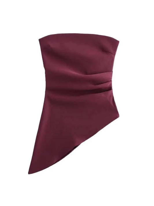 Women's Strapless Asymmetric Pleated Bustier Tops, Straight Neck, Side Zipper, Female Camis, Sexy Fashion