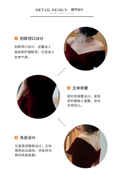 Spring Long Luxury Elegant Wine Red Soft Velvet Evening Party Wedding Dresses for Women 2022 Off Shoulder Maxi Dress