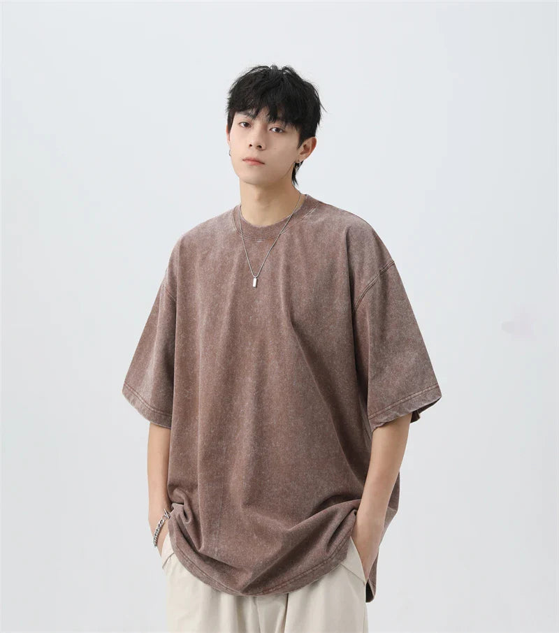 Japanese Korean Style Stir Fried Snowflake Washed T-Shirts Men Women Cotton Heavyweight Summer Hip Hop Streetwears Short Sleeved