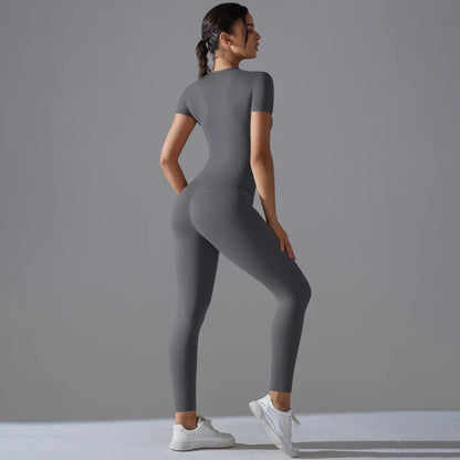 Yoga Set Women Workout Set Sportswear Gym Clothing Fitness Shorts Sleeve Crop Top High Waist Leggings Sports Suits