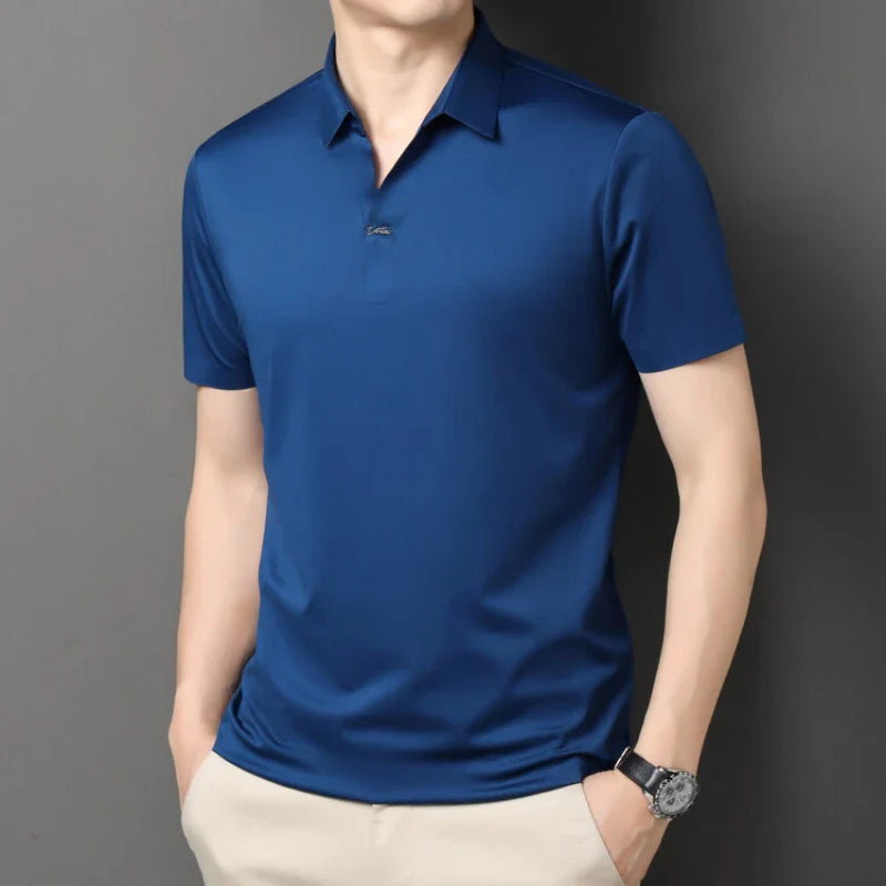 2024 High-quality Elastic Stretch POLO, Business Casual Men's Short-sleeved Shirt, Seamless V-neck M-4XL Men's Polo Shirt