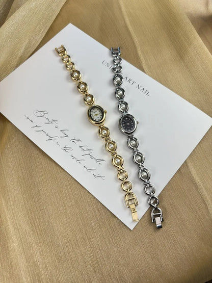 Luxury Pearl Inlaid Bracelet Watch Fashion Women Quartz Watch Brand Oval Dial Dress Wristwatches Dropshipping Relojes Para Mujer