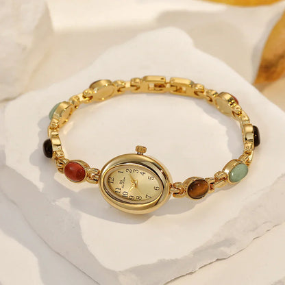 Women's watch Vintage Natural Colorful Jade Bracelet Wristwatches Clock,Luxury Elegant Small Oval Dial Quartz Watch Waterproof