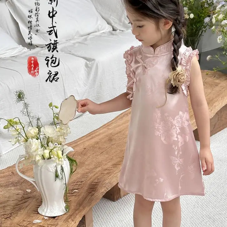 Vestido de princesa rosa estilo chinês retrô Qipao sem mangas para meninas de 2 a 10 anos Vestido 2026 Novo verão Roupas para o Dia das Crianças 6.1