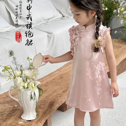 Vestido de princesa rosa estilo chinês retrô Qipao sem mangas para meninas de 2 a 10 anos Vestido 2026 Novo verão Roupas para o Dia das Crianças 6.1