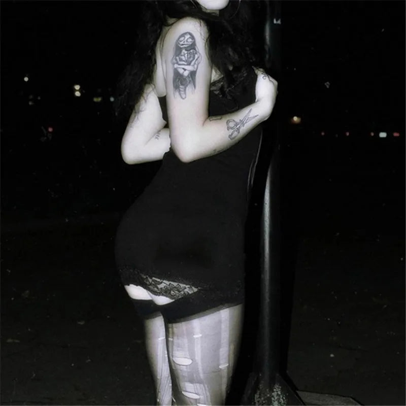 Streetwear Anime Skull Print Straps Mini Dress Fairy Lace Stitch Club Outfits Slim Sexy Bodycon Dresses Mall Gothic
