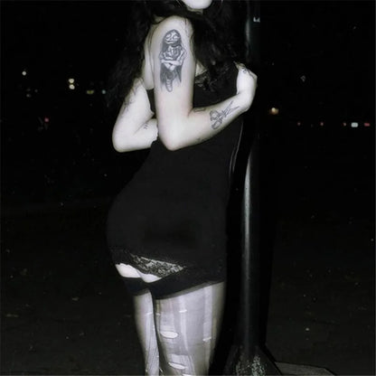 Streetwear Anime Skull Print Straps Mini Dress Fairy Lace Stitch Club Outfits Slim Sexy Bodycon Dresses Mall Gothic