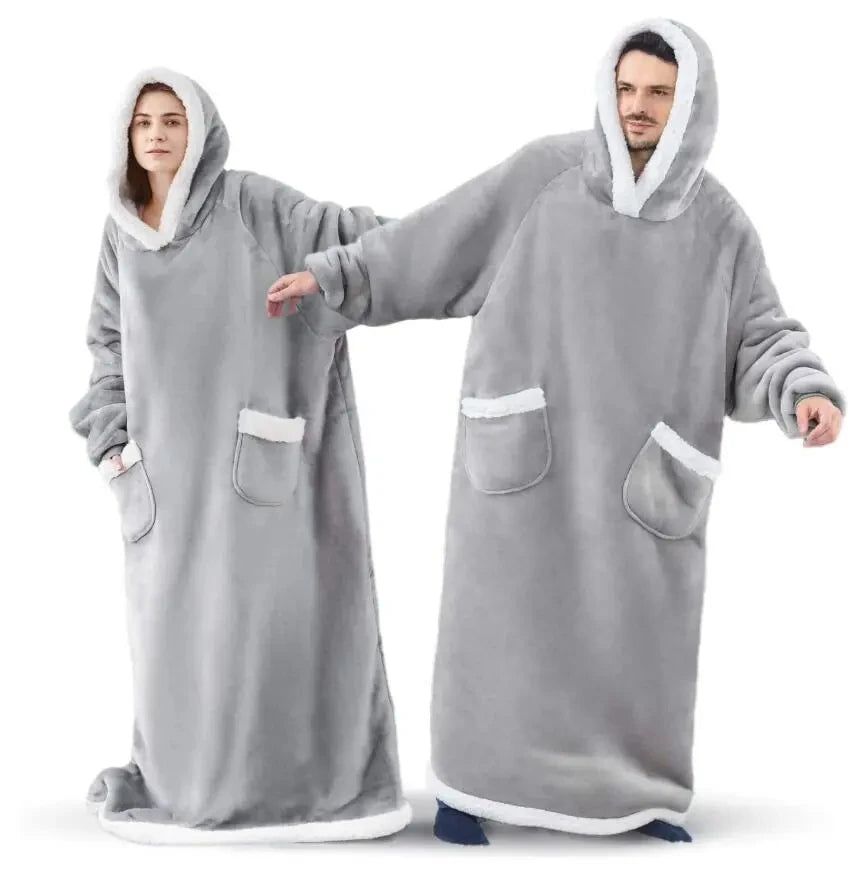 180cm Super Long Flannel Blanket Pyjamas with Sleeves Winter Hoodies Sweatshirt Women Men Pullover Fleece Giant Oversized Outd