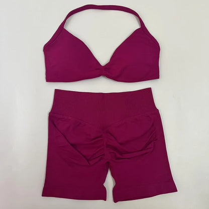 Yoga Gym Set Women Seamless Strappy Yoga Bra Top High Waist Workout Scrunch Shorts Sports Set Fitness Clothes Sportswear