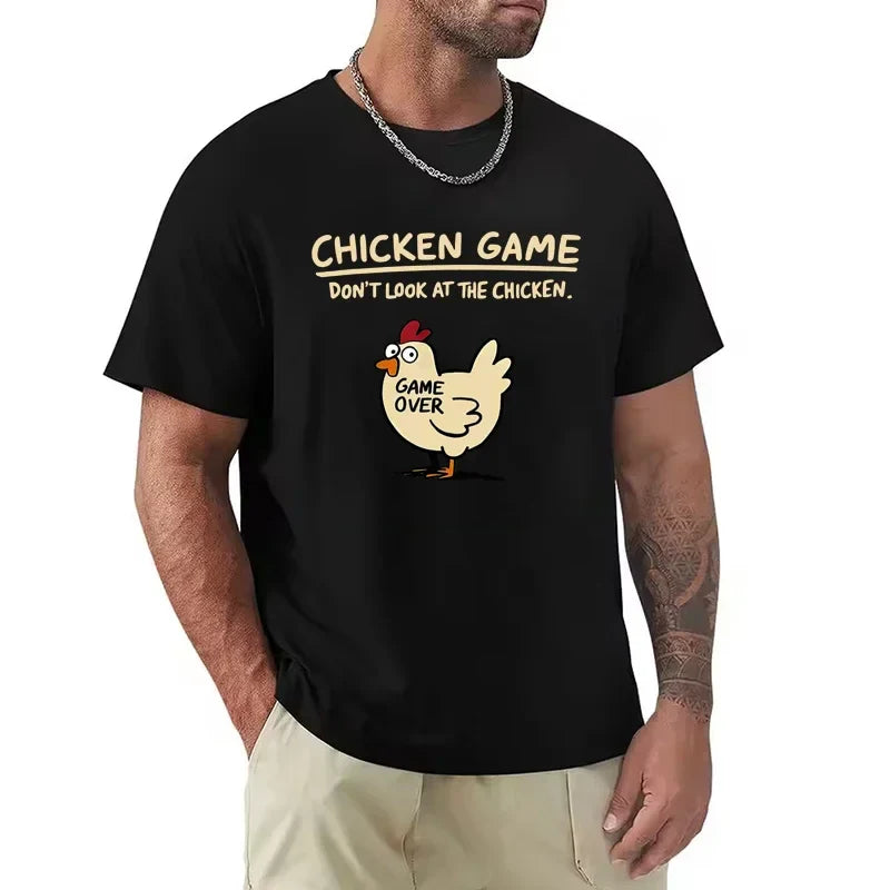 Jogo da Galinha Não Olhe Para o Padrão de Frango Estampado Camiseta Masculina Casual Diária Ao Ar Livre Gola Redonda Manga Curta Camisa Masculina Top