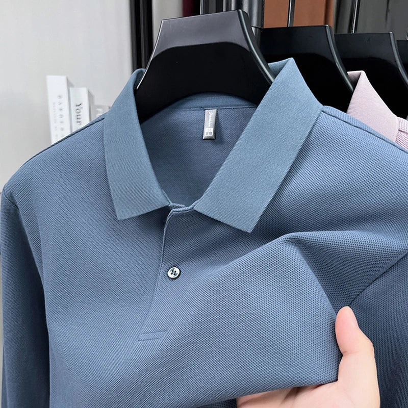 100%pure cotton autumn winter men's high-end designer fashionable long sleeved boutique button casual comfortable polo shirt top