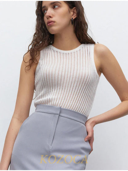 100% Wool Chic Solid Tanks Elegant Striped See Through Hollow Out Women Tops Sleeveless Elastic Tops Club Party Clothes