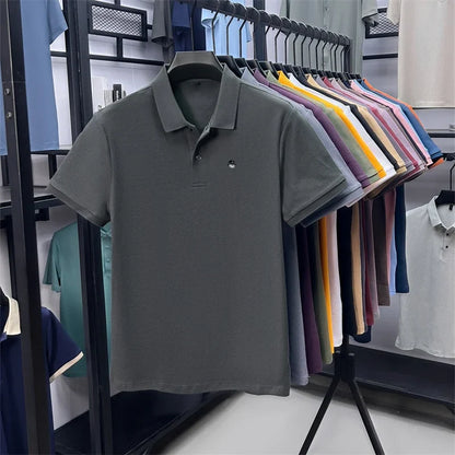Men's Cotton100% High End Brand Lapel Polo Shirt Summer New Solid Color Print Short Sleeve T-Shirt Casual Breathe Men's Clothing