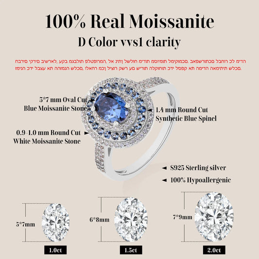 Blue Moissanite Women Rings Oval Cut 1.0CT Real S925 Sterling Silver Jewelry For Wedding Engagement Ring With Certified