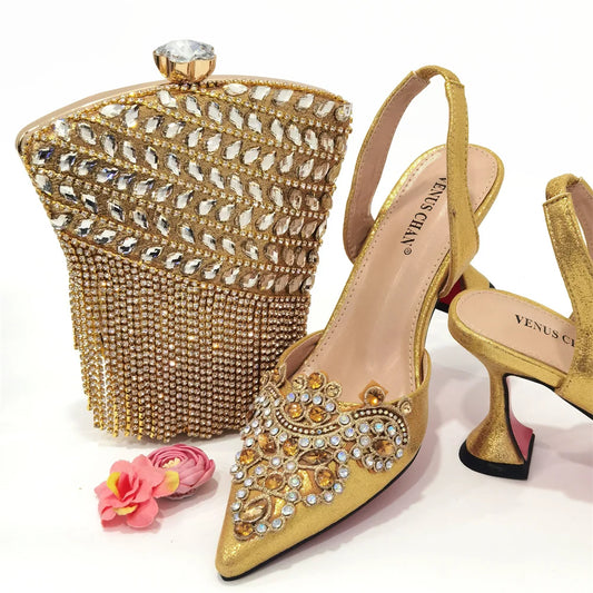 Gold New Shoes For Women Designer Pointed-Toe Luxury Wedding Peach Color Hollowed Out Design Bag and Shoes Matching Set