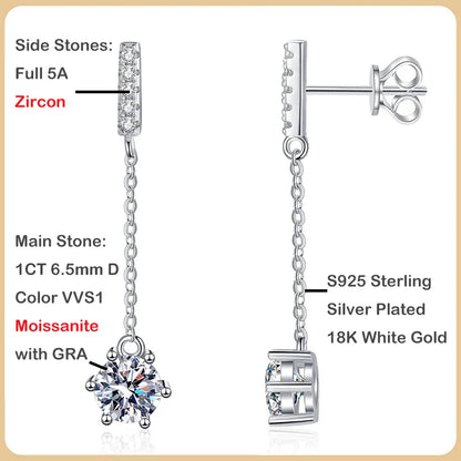 Luxury 100% Real D Color 1CT Moissanite Drop Earring for Women Girls S925 Silver Diamond Long Tassel Dangle Earrings Gift