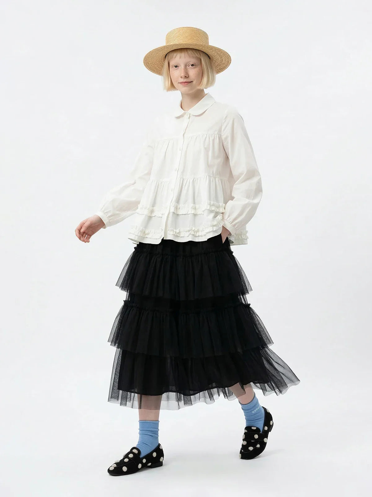 Forest style black cake skirt imakokoni spring Japanese mesh high waist mid length A-line skirt for women 265434
