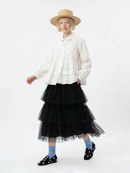 Forest style black cake skirt imakokoni spring Japanese mesh high waist mid length A-line skirt for women 265434