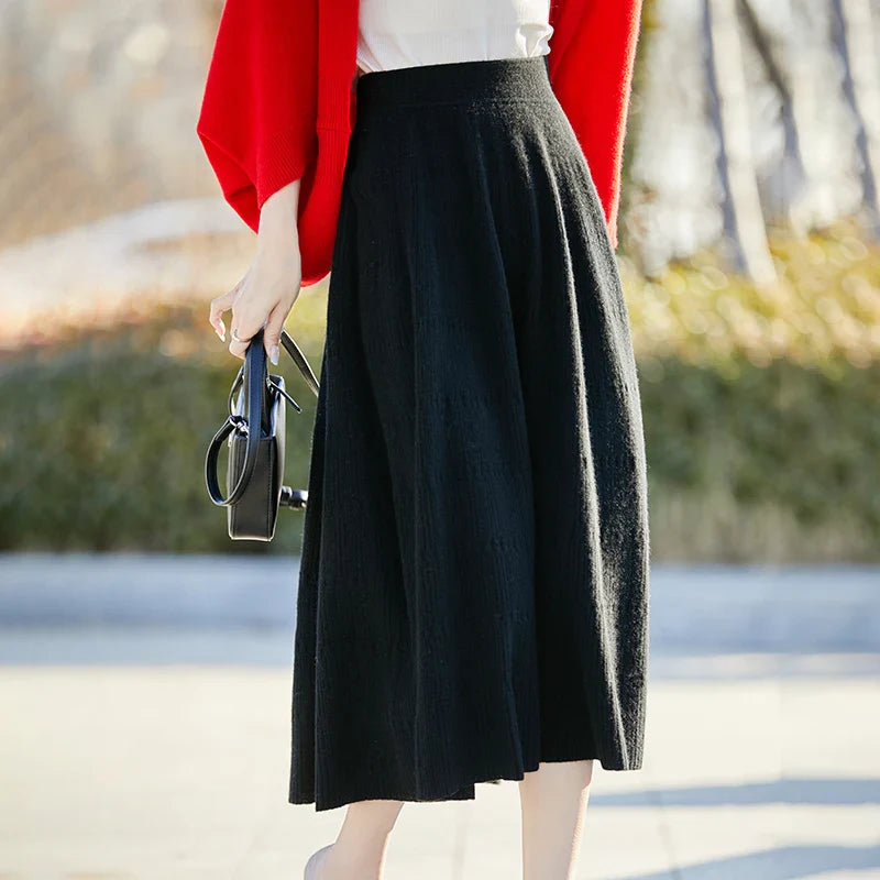 Autumn And Winter High Waist 100% Pure Wool Skirt Female Slim Long Knitted Wool Skirt Loose Wearing A-Line Skirt