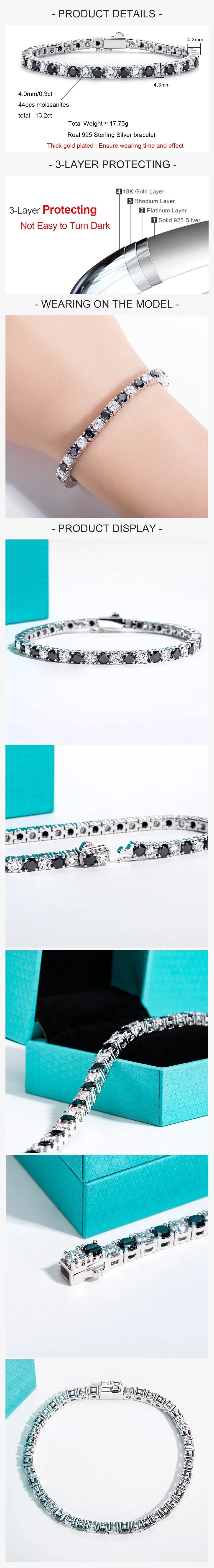 4mm D Color Black Moissanite Diamond Tennis Bracelet Luxurious 925 Sterling Silver Wedding Bracelets for Women Jewelry