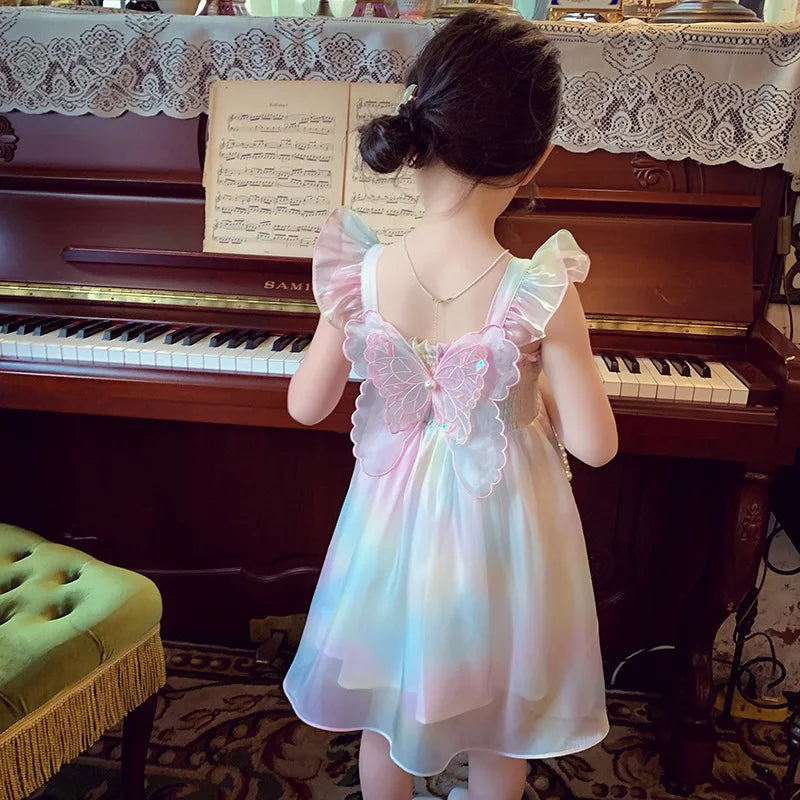 Rainbow Color Fancy Butterfly Dress for Baby Girls Summer Tie Dye Elastic Bust Mesh Frock Toddler Cute Casual Suspenders Robes