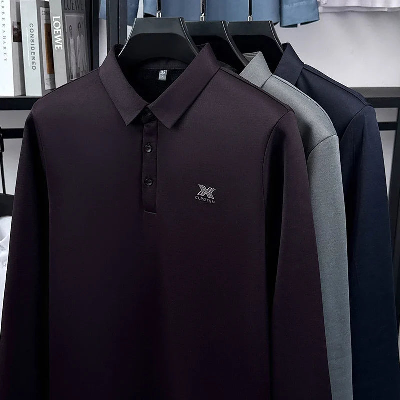 2025 Winter Men's Fashion New Collection with Velvet Long Sleeve T-shirt, Collar with Mulberry Silk and Wool Warmth POLO Sweater