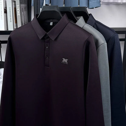 2025 Winter Men's Fashion New Collection with Velvet Long Sleeve T-shirt, Collar with Mulberry Silk and Wool Warmth POLO Sweater