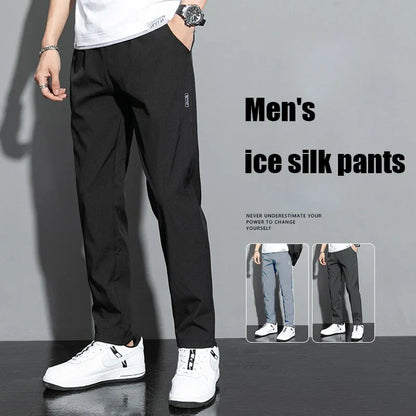 Men's Summer Ice Silk Pants Mesh Breathable Casual Thin Quick Dry Pants Loose Elastic Beam Feet Pants Sports Fitness Trousers