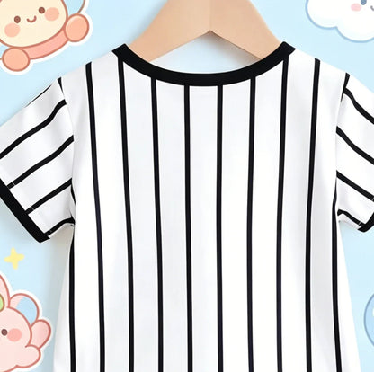 Summer New Arrival Boys Black White Color Block Baseball Style Stripe Short Sleeve Shorts Set