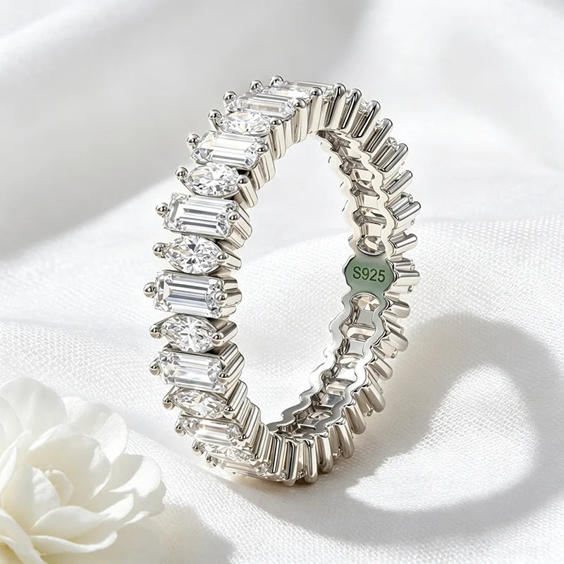 18k Plated 2*4mm Full Moissanite Rings for Women Emerald Cut Full Eternity Band S925 Sterling Silver Pass Diamond Tester