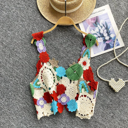 Multicolor Floral Crochet Crop Top Women's Cami Tank Sleeveless Open-work Vest Boho Chic Summer Festival Outfit