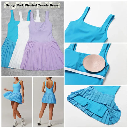 Workout Tennis Dress with Built in Shorts Square Neck Padded Workout Dress with Pockets Golf Athletic Mini Dresses