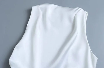 Women Sexy Fashion With Tied Satin Back Open Crop Blouses O Neck Sleeveless Female Shirts Blusas Chic Tops