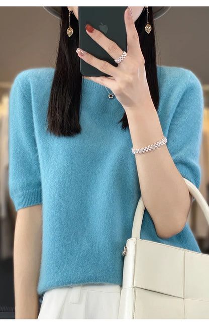 100% pure wool T-shirt spring and summer new women's O-neck pullover short sleeve loose five-sleeve sweater high-end top