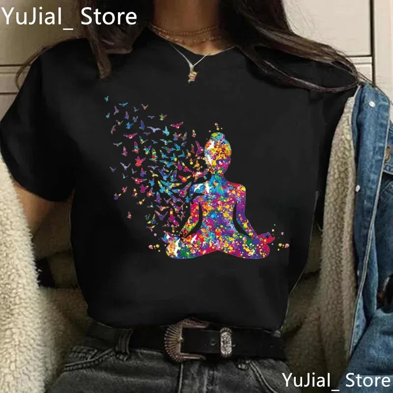 Yoga Print Tshirt Women Bird Om Aum Jade Buddha Meditation Tie Die T Shirt Femme T-Shirt Tops