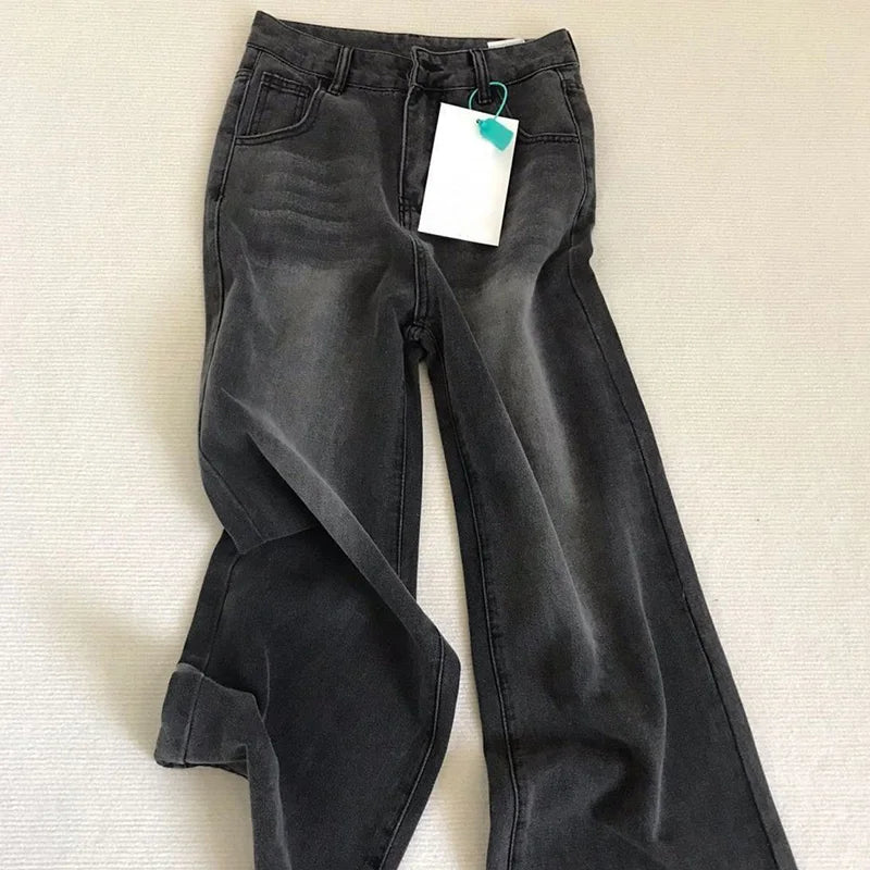 Lady Retro Black Gray High Waist Jeans Pants Women Fashion Straight Leg Denim Trousers Girls Loose Fit Thin Casual Pants