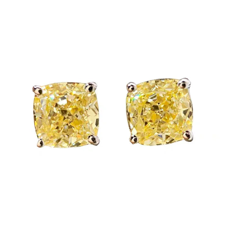 100% 925 Sterling Silver 1CT Four-claw Fat Square High Carbon Stone Citrine Gemstone Earrings Stud Fine Jewelry Wholesale