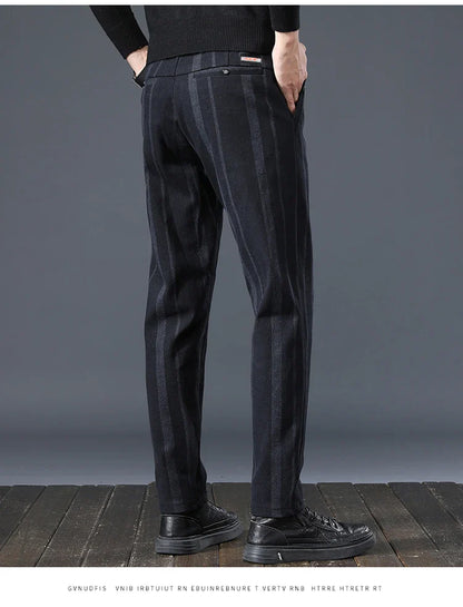Autumn New Men's Slim Casual Pants  Fashionable Fit Elastic Business Pants High Quality Stripe Classic 3-colors Male Trousers