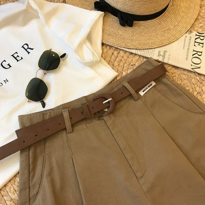 Summer new wide leg shorts Thin cotton A-frame shorts Office ladies classic loose casual zipper shorts for women