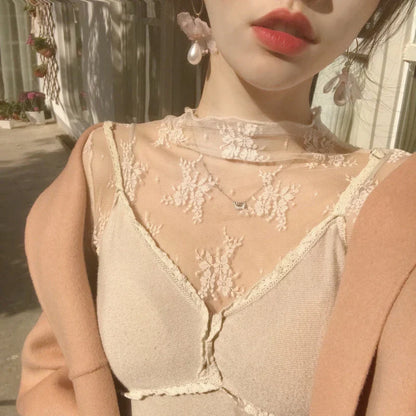 Elegant Sexy Women's Mesh T-Shirts Long Sleeve Lace See Through Blouse Versatile Bottoming Shirt Girls Sheer Tees Body Crop Top