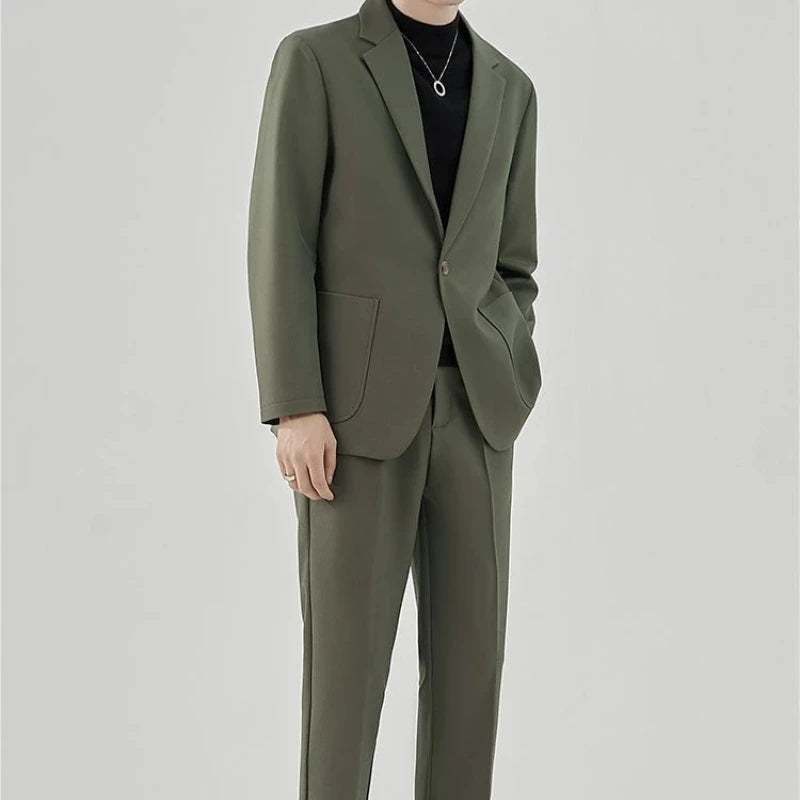 2 Piece Outfit Set Male Solid Color Youth Trends Costumes Ceremony Pants Full Men's Suits and Blazers Clothes Classic Elegant