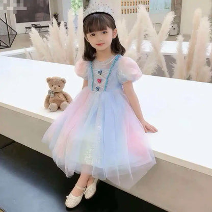 Girls Elsa Inspired Gradient Rainbow Tulle Dress 2026 Summer Kids Princess Costume for Birthday Party Pageant